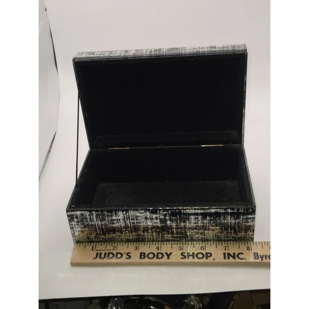 Vintage Glam Speckled Glass Trinket Box Beveled Panels Jewelry Box Silver Black